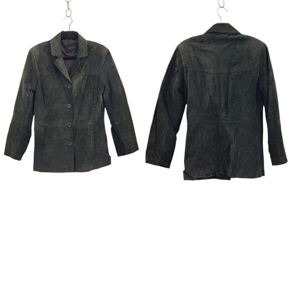 Vintage Express Leather Jacket Shacket Notched Collar Button Down Forest Green M - Picture 12 of 15